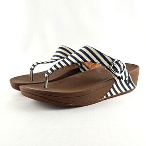 FitFlop Women's Skinny Thong Sandal Blue White Striped Canvas Wedge Sandal 36